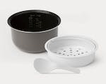 Product preview 8 of 9. Thumbnail of white EveryGrain Cooker cooking pot, steaming basket, and rice spoon.
