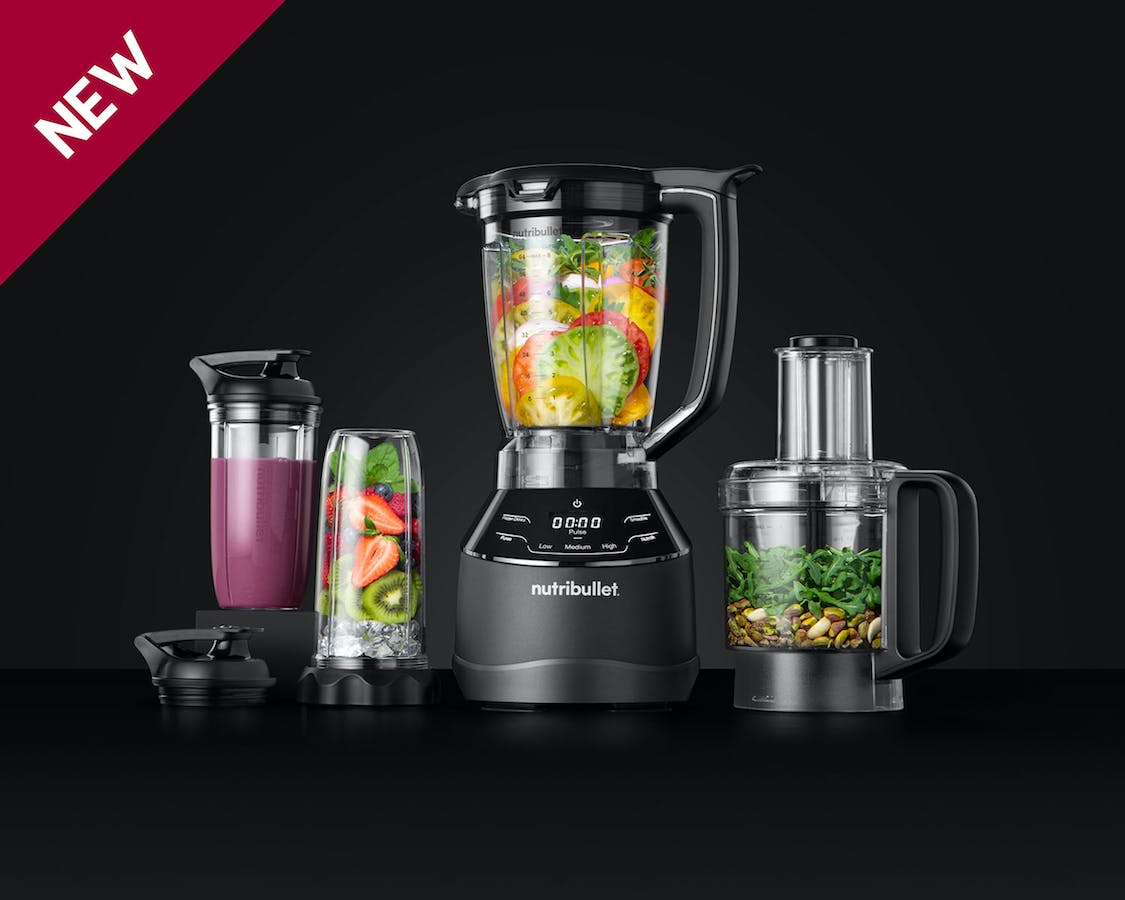 nutribullet Triple Prep System filled separately with fruits, vegetables, nuts, ice and smoothie